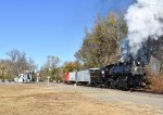 The 0-6-0 9 leads the very short freight consist along the lot belonging to Marvin L. Watson Memorial Park, located off of Bailey St